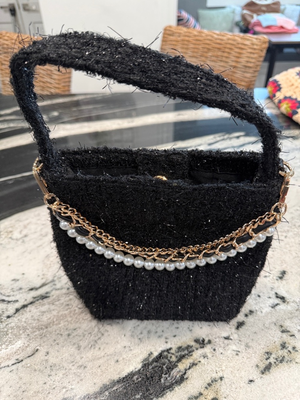 Shiraleah Black Tweed Mini Bag with Pearl & Gold Chain